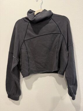 aerie Black Cropped Raw-Hem Sweatshirt with Funnel Neck